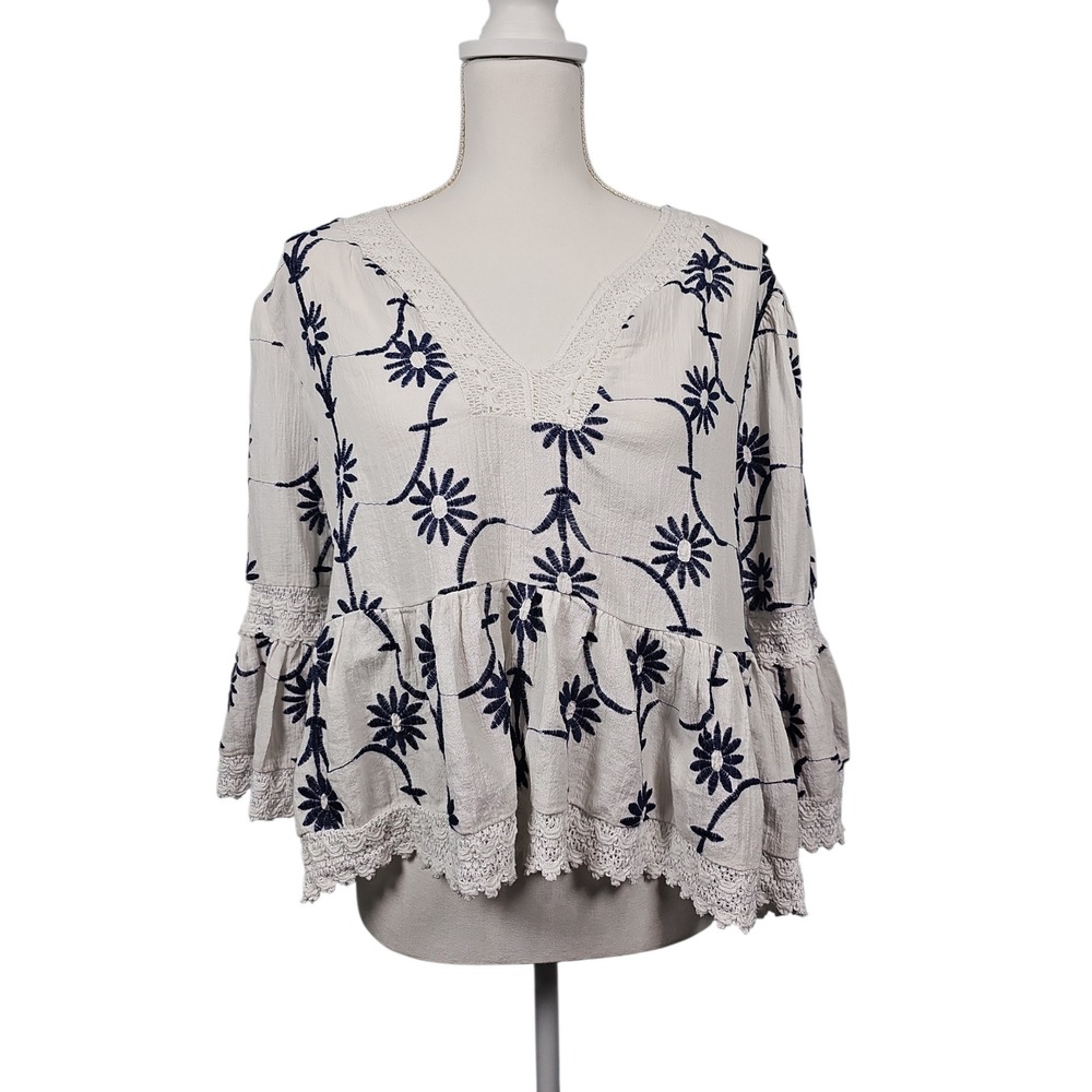Edgely Maurices Blouse Floral Embroidered Boho Peplum Top Ivory Navy‎ Womens XL